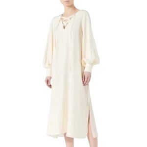 Tibi Silk Balloon Sleeve Lace Up V-Neck Midi Dress Women Small Cream
